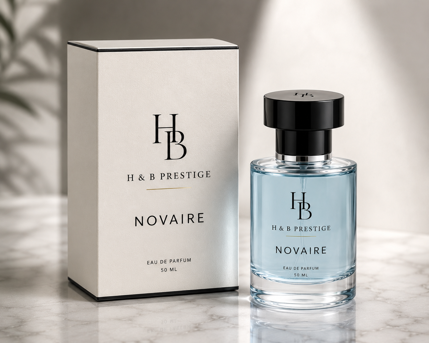 NOVAIRE Eau de Parfum 50 ML bottle and box by H & B PRESTIGE on marble surface