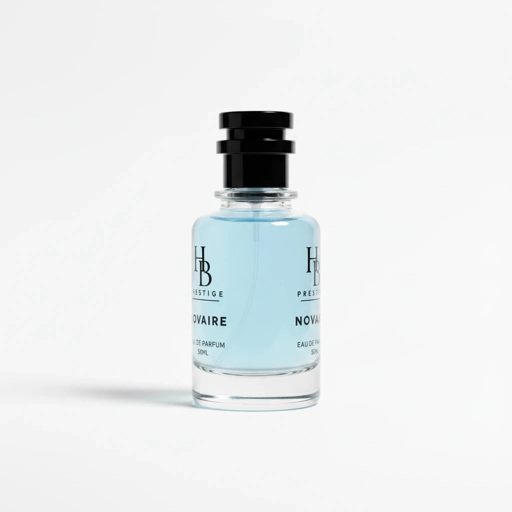 H & B PRESTIGE Novaire Eau De Parfum in a sleek 50ml glass bottle with light blue fragrance and black cap