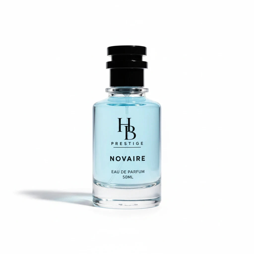 H & B PRESTIGE NOVAIRE eau de parfum in a clear glass bottle with light blue liquid and a black cap.
