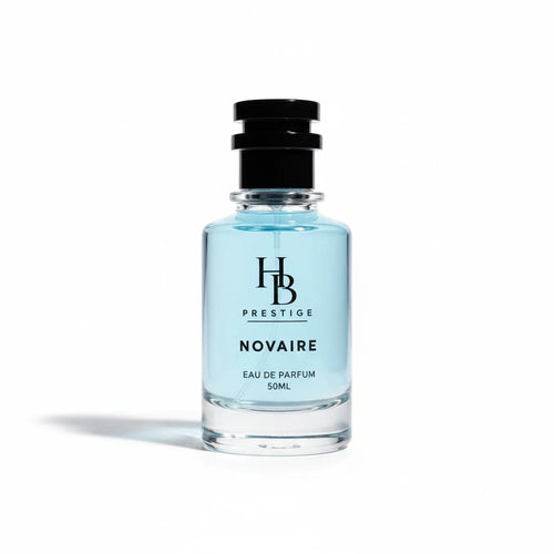 H & B PRESTIGE NOVAIRE eau de parfum in a clear glass bottle with light blue liquid and a black cap.